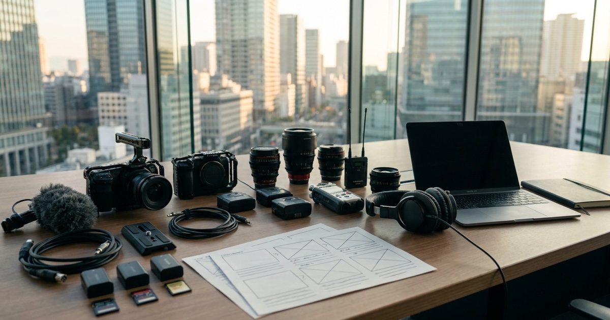 都市型オフィスの作業机にカメラ、レンズ、マイク、ヘッドホン、ノートPC、絵コンテ資料が並ぶYouTubeチャンネル運用代行のイメージ