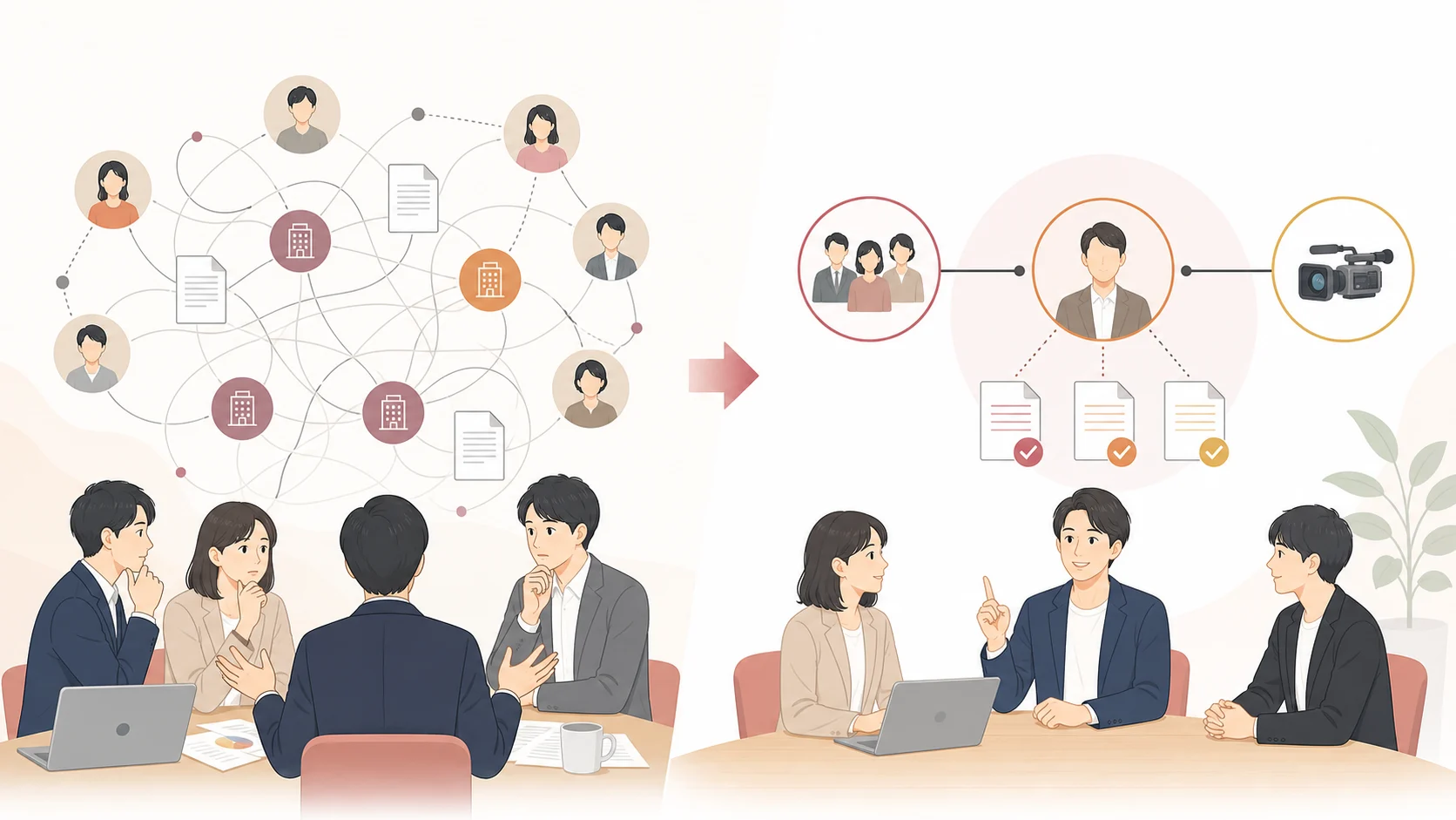 登録型や代理店型では関係者が増えて確認範囲が複雑になりやすく、専属プロダクション型では窓口と責任範囲を整理しやすいことを示すイラスト